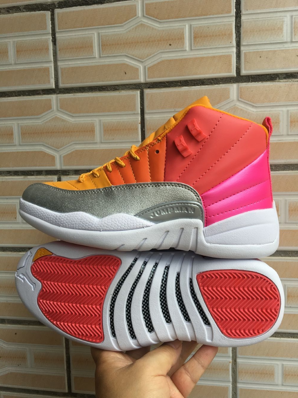 2019 Air Jordan 12 Rainbow Red Yellow Silver White Shoes - Click Image to Close